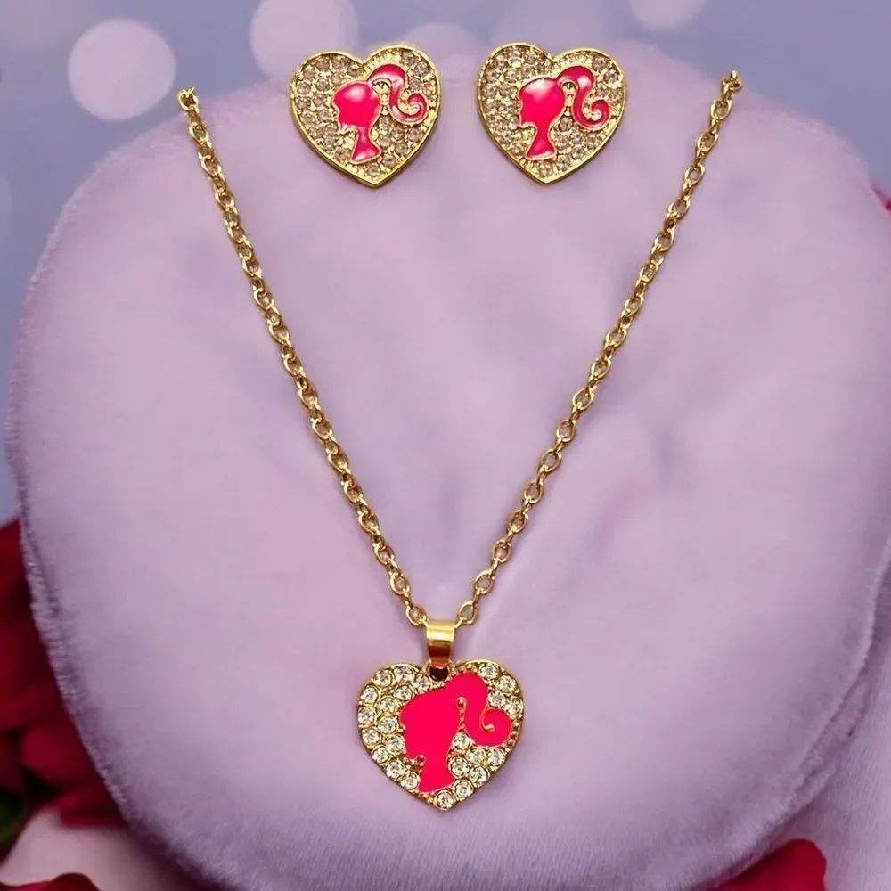 Pink And White Rhinestone Barbie Heart Necklace And Earrings Jewelry Set